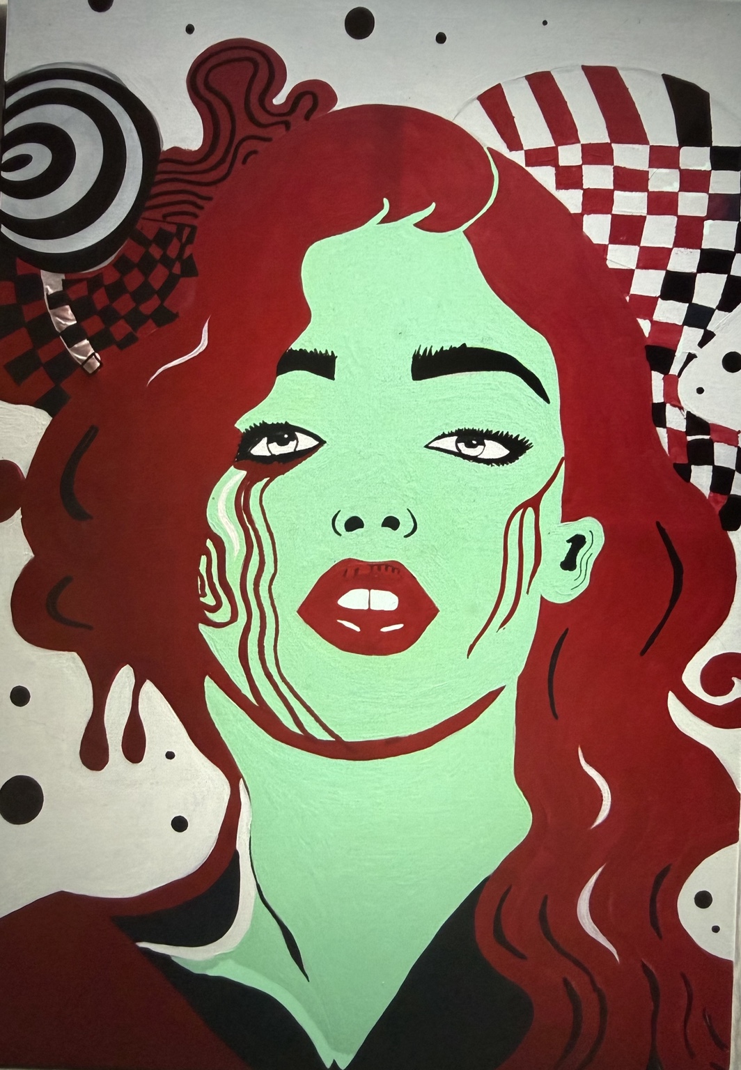 Cheryl's red-haired portrait with a turquoise face, flowing tears and bold patterned shapes