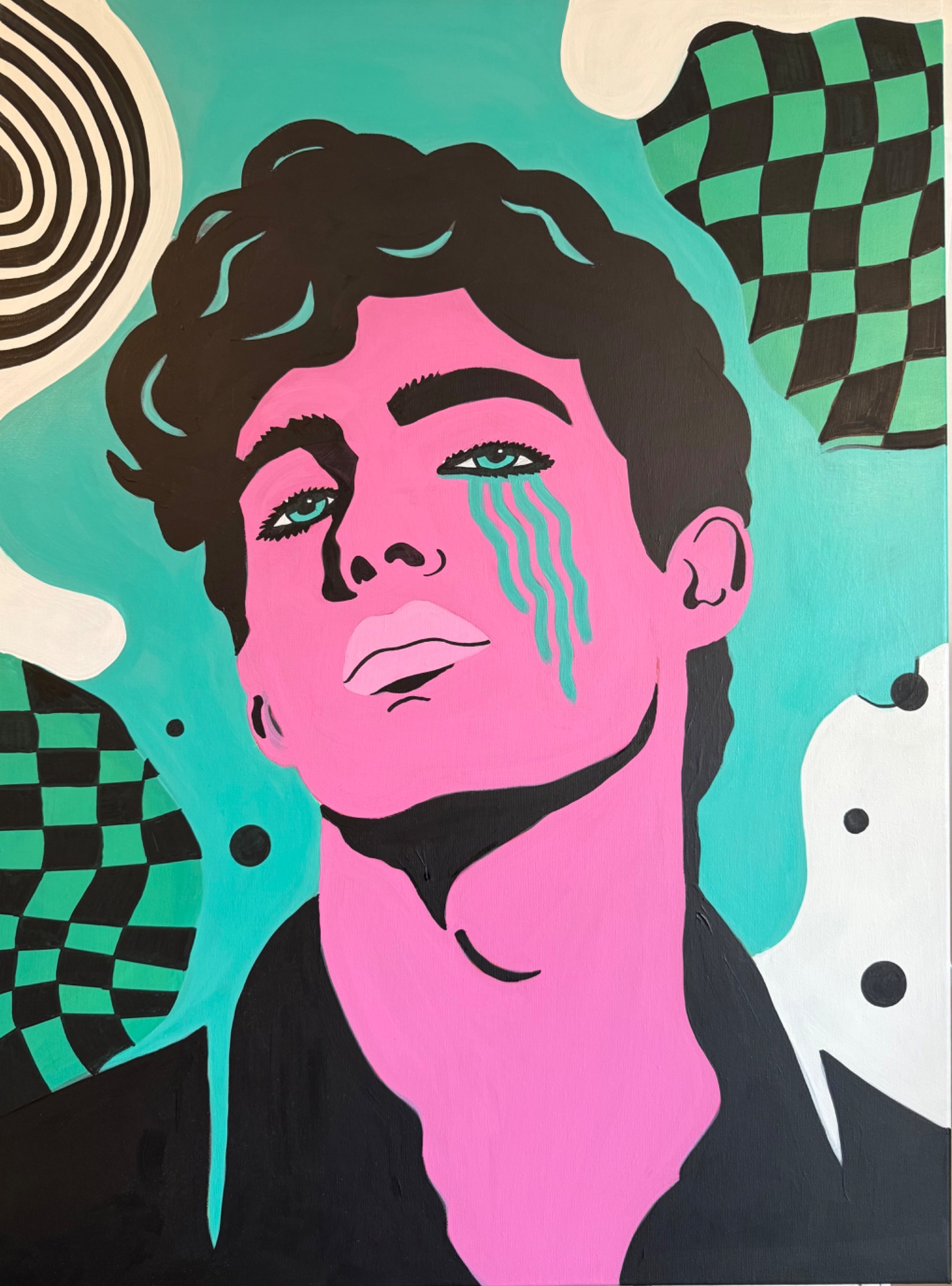 A pink-faced man with black hair, turquoise tears and bold chequered and spiral shapes