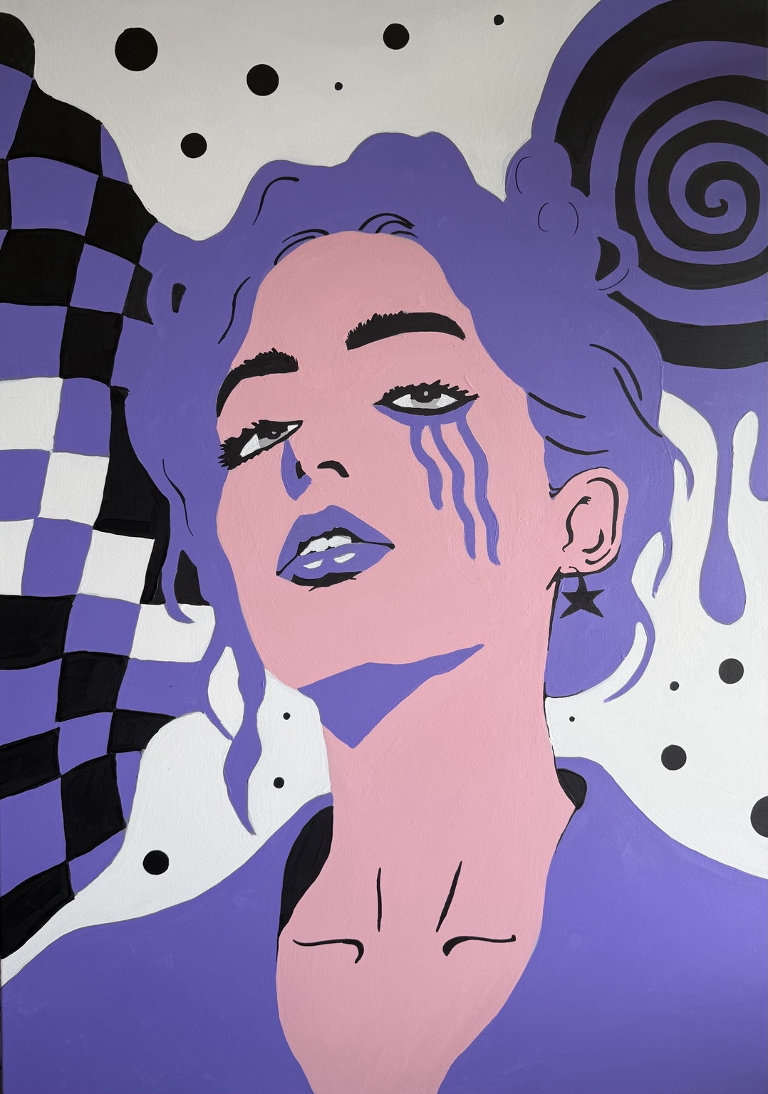 A pink-faced portrait with purple hair and tears, a star earring, and purple and black chequered and spiral shapes