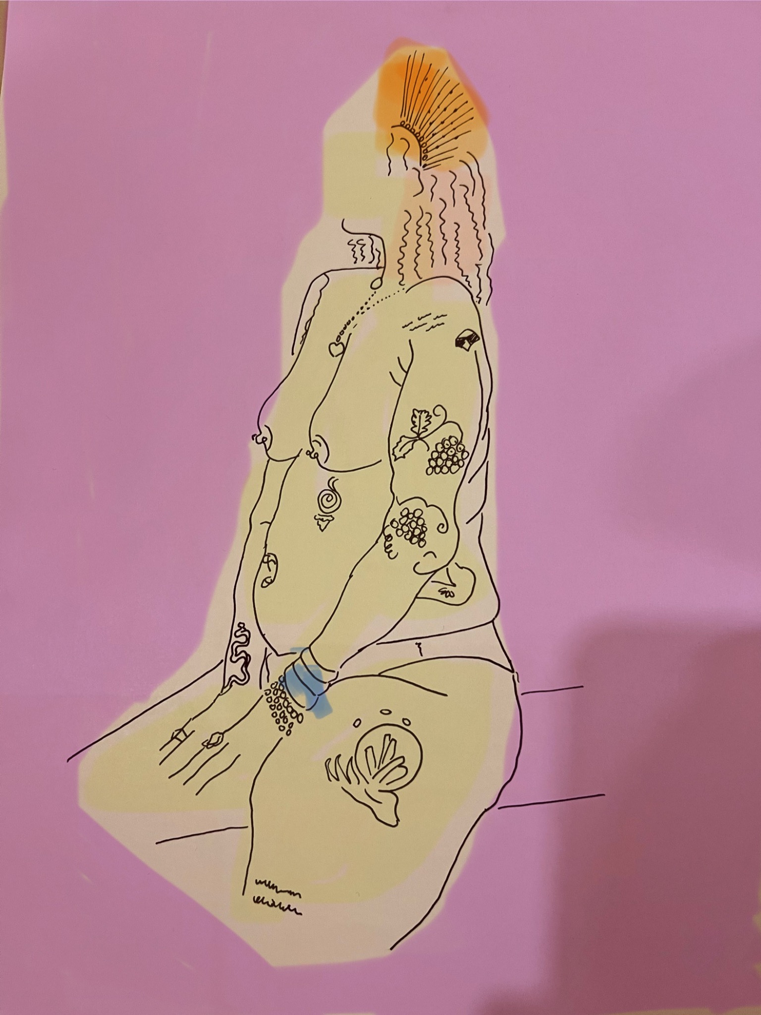 Line drawing of a seated tattooed figure in pale yellow against a pink background