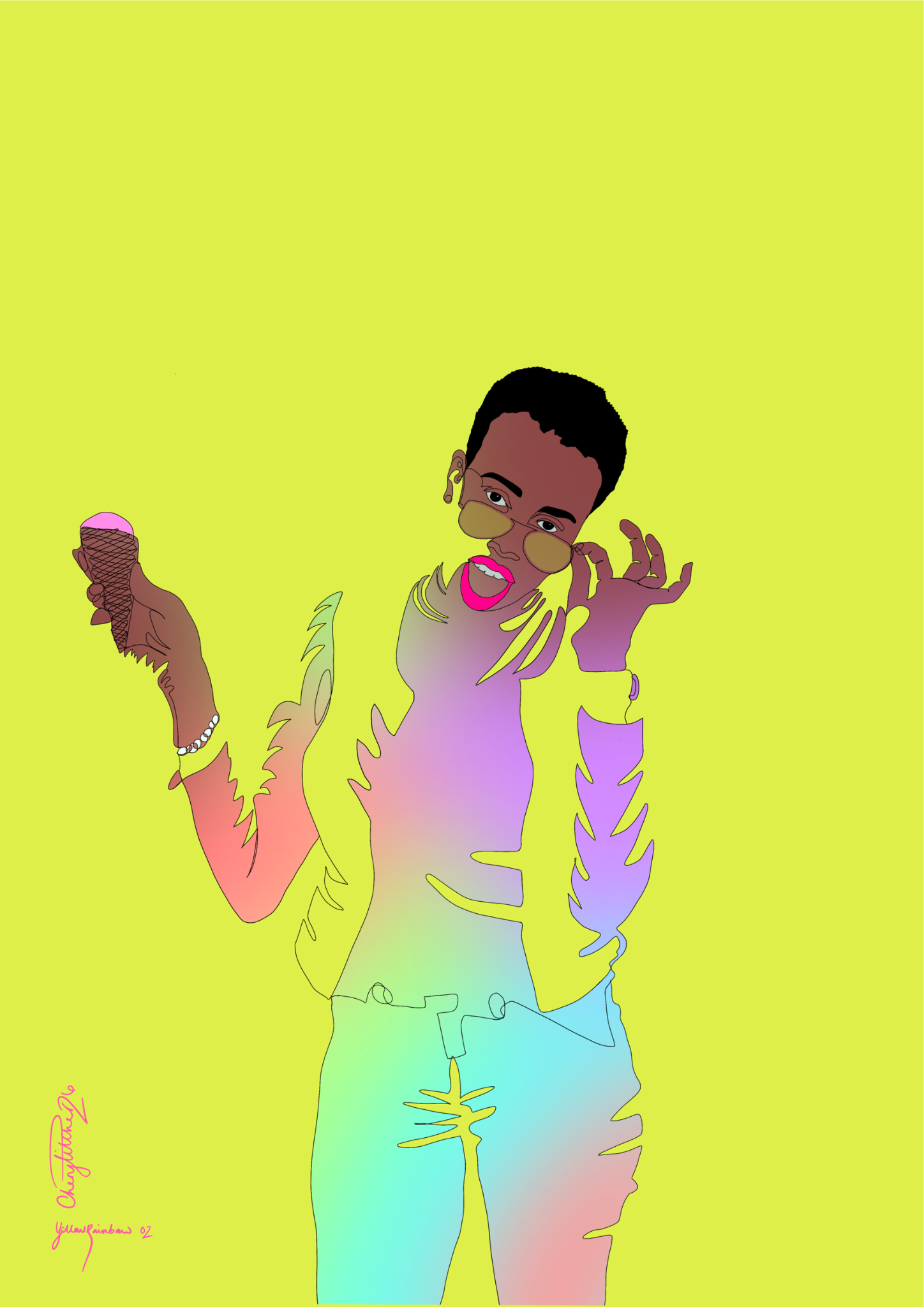 Yellow Rainbow No. 2: a rainbow-coloured figure holding an ice cream and lowering sunglasses against a bright yellow background