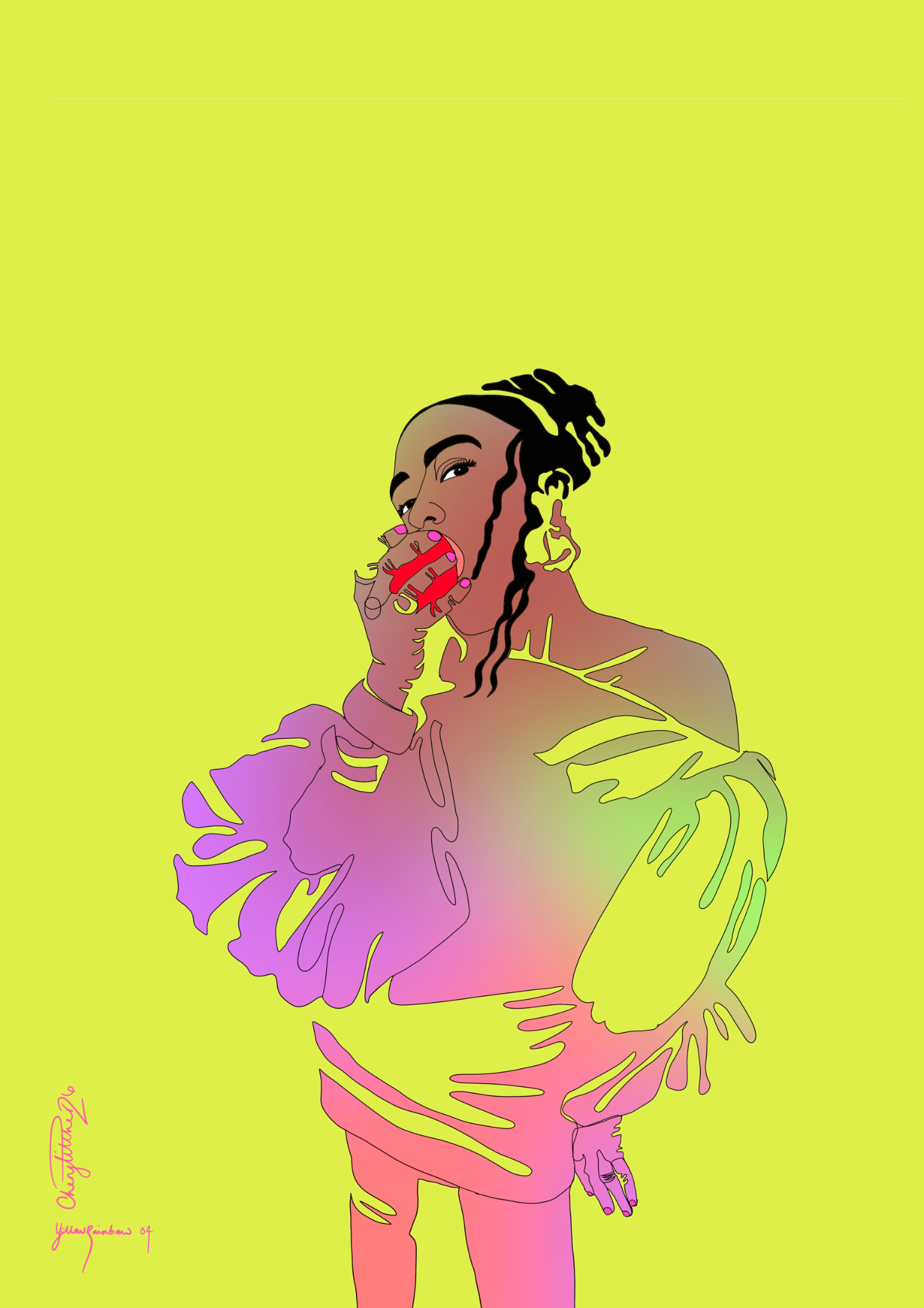 Yellow Rainbow No. 4: a rainbow-coloured figure biting a red apple against a bright yellow background