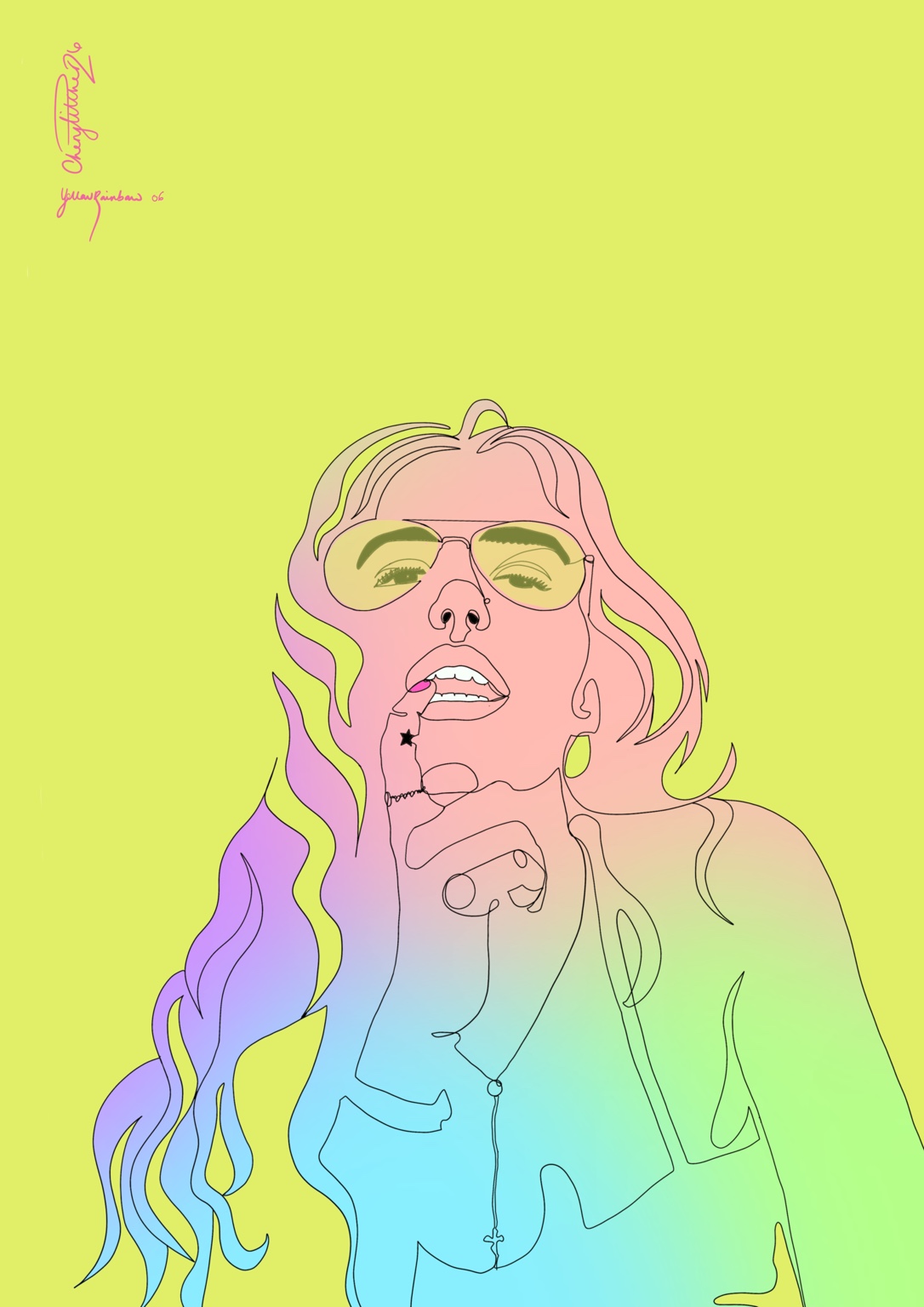 Yellow Rainbow No. 6: a rainbow-coloured woman wearing sunglasses against a bright yellow background